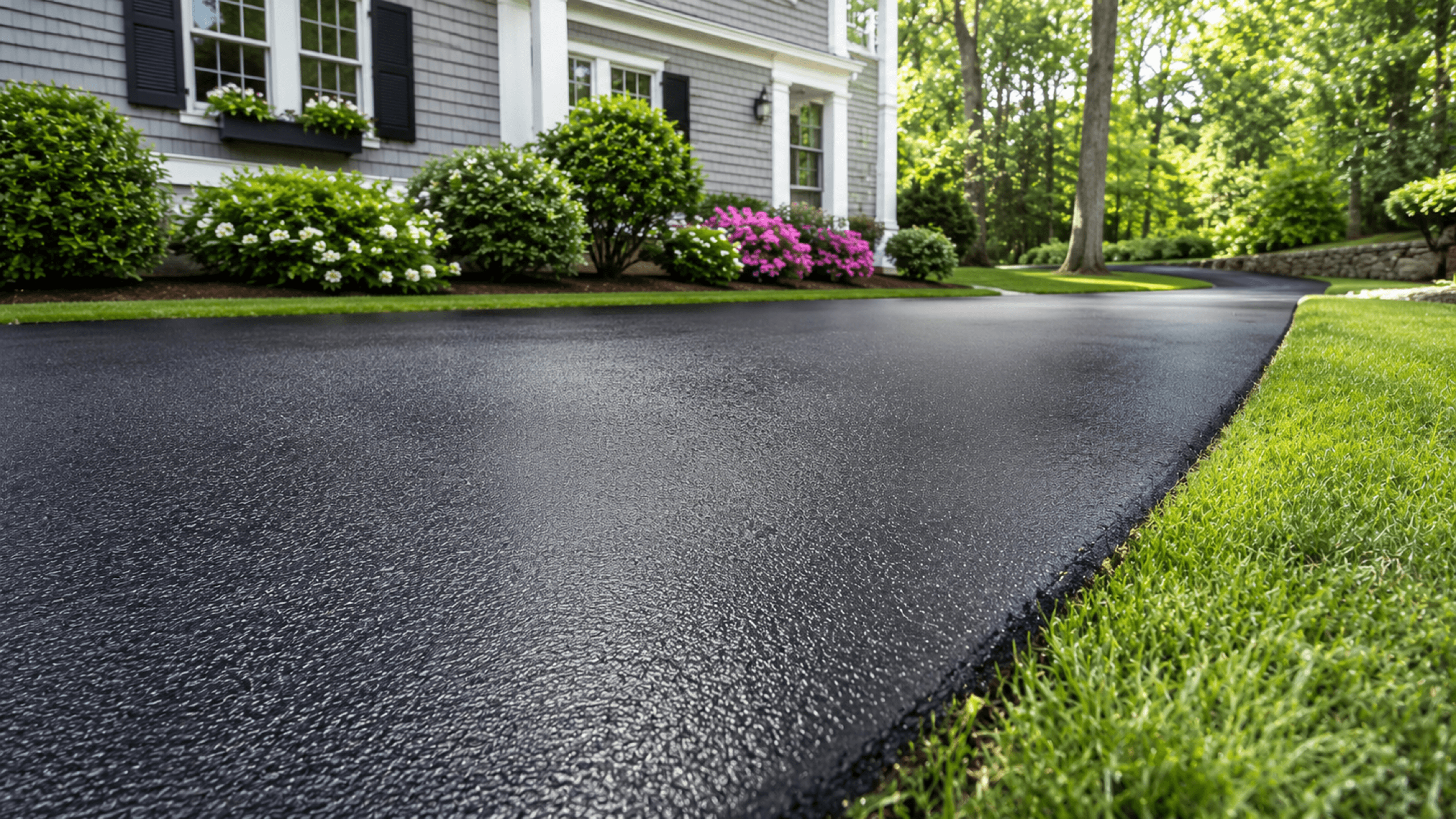 Freshly sealcoated black asphalt driveway with clean edges in front of a New England home