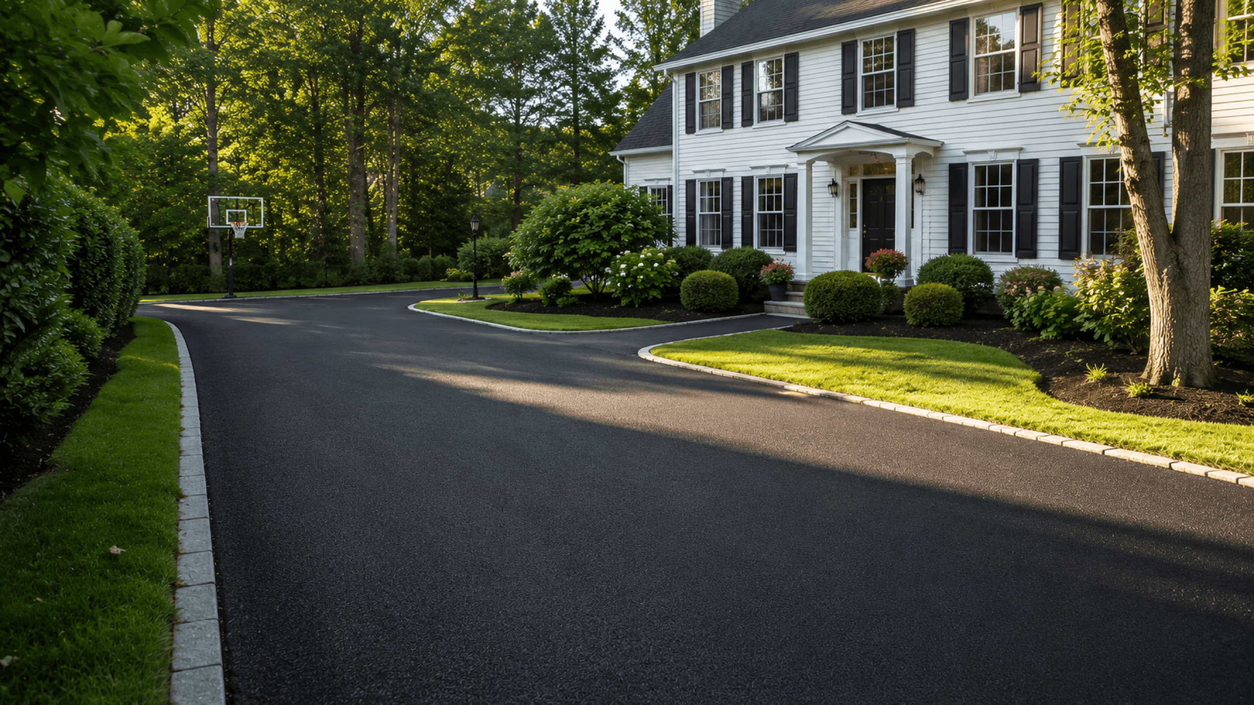 Freshly installed asphalt driveway at a white colonial home